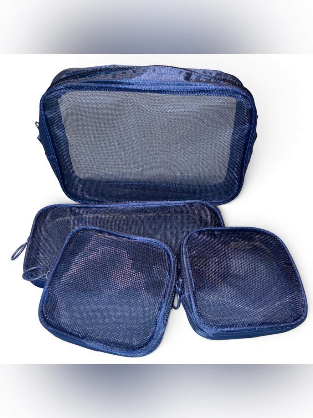 Navy Blue 4-piece mesh travel organizer pouch and makeup bag set